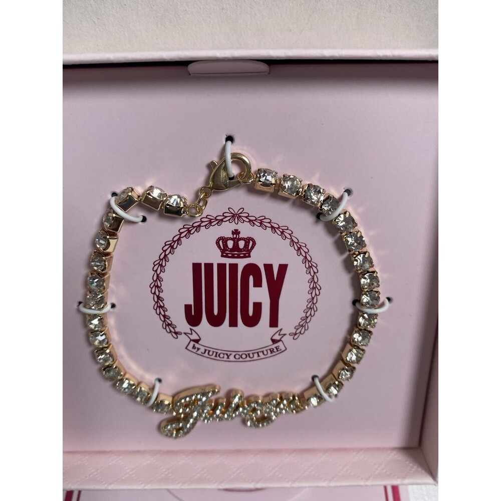 Juicy Couture Tennis Bracelet 7.5" Crystal Logo Gold Tone Sparkles New in Box